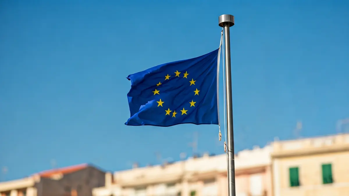 Imagen de la bandera de Europa izándose en un mástil.