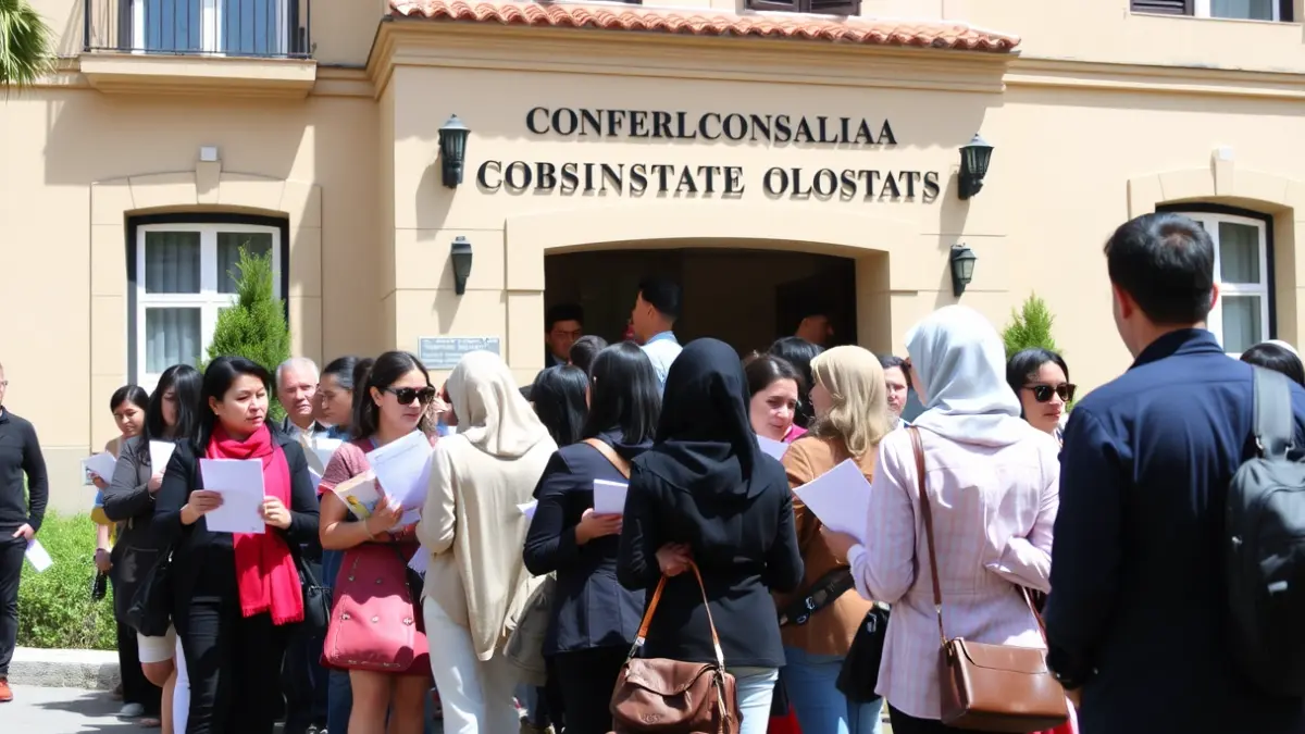 Imagen de personas haciendo cola frente a un consulado con documentos en mano.