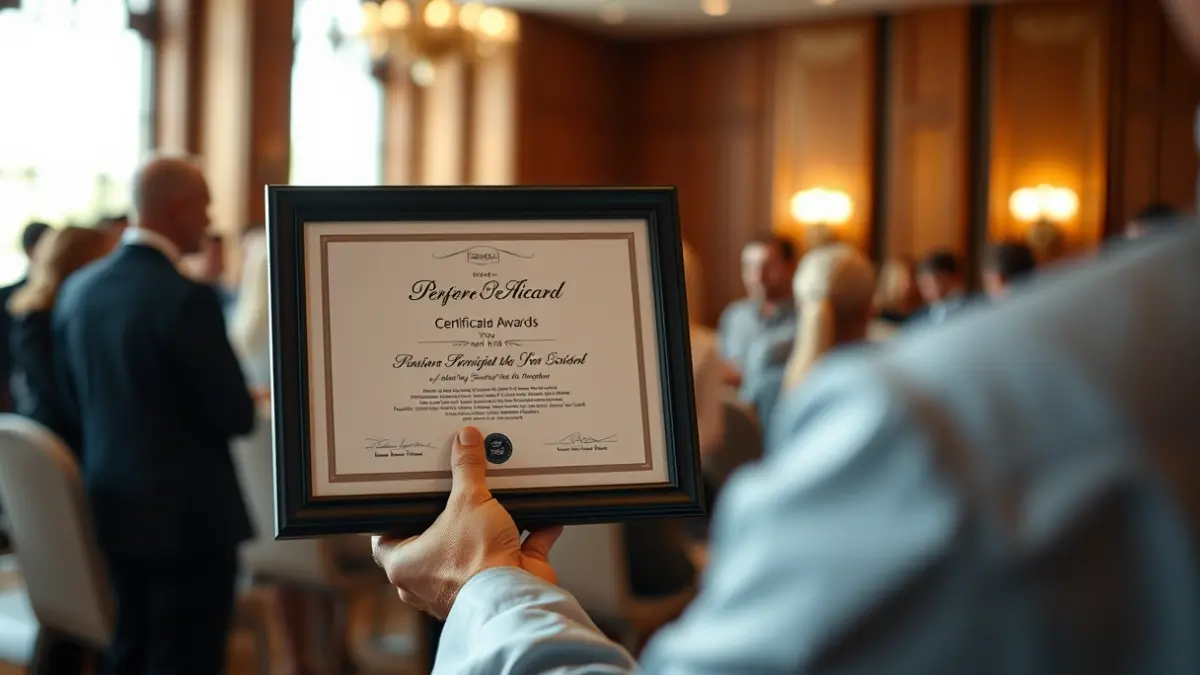 Imagen de una mano sosteniendo un certificado o premio en un acto formal.