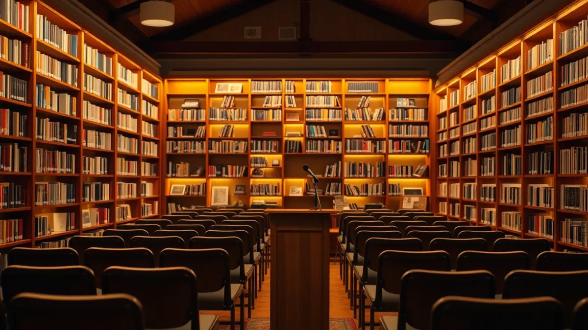 Imagen genérica de un interior de biblioteca con estanterías de madera y un podio con micrófono, evocando un ambiente de lectura.