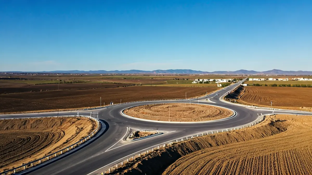 Aerial view of a new traffic roundabout on a rural road in Andalusia.