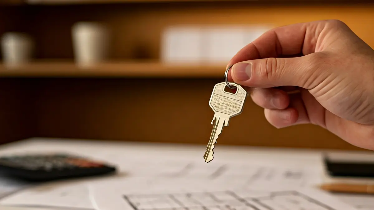 Imagen genérica de una mano sosteniendo una llave de casa, con planos y calculadora de fondo.