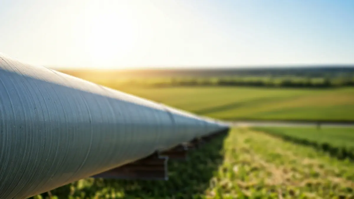 Image of an industrial pipe in an agricultural setting, representing a biomethane plant.