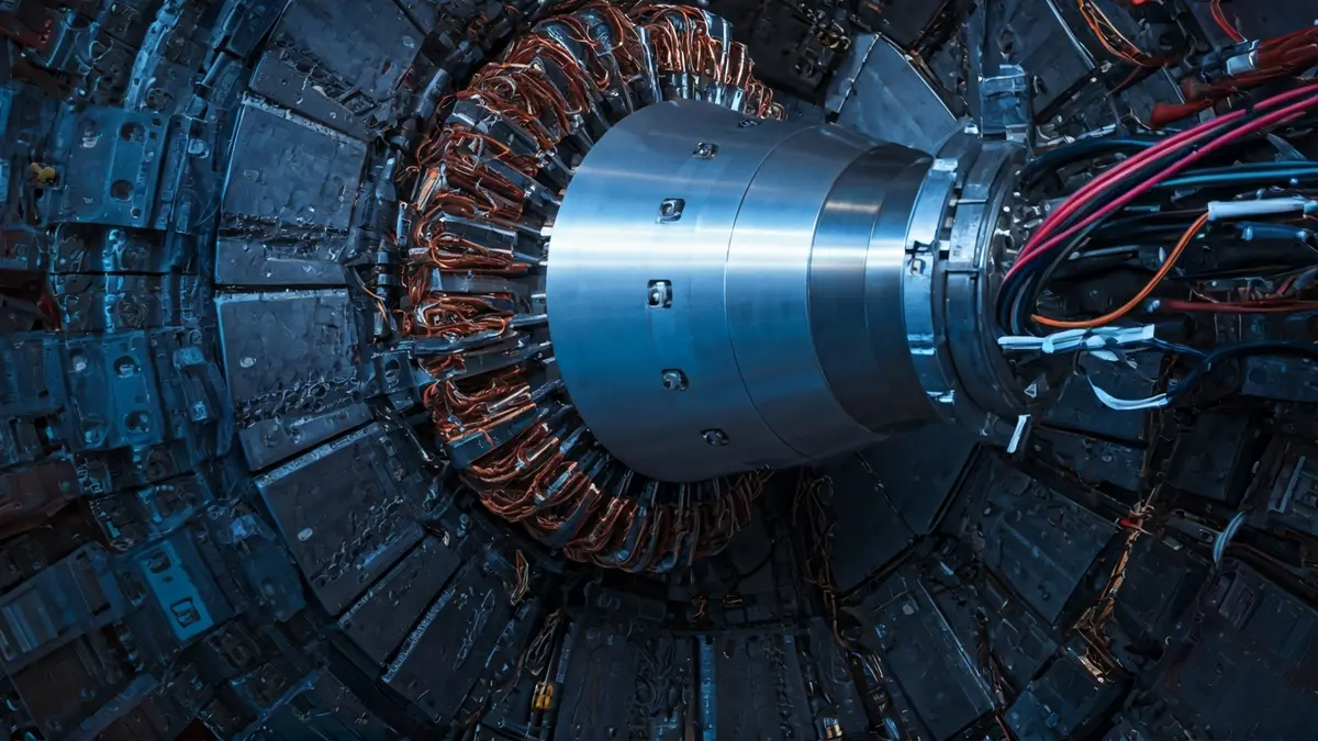 Componente de un acelerador de partículas con cableado y superficies metálicas, iluminado con luz azul.