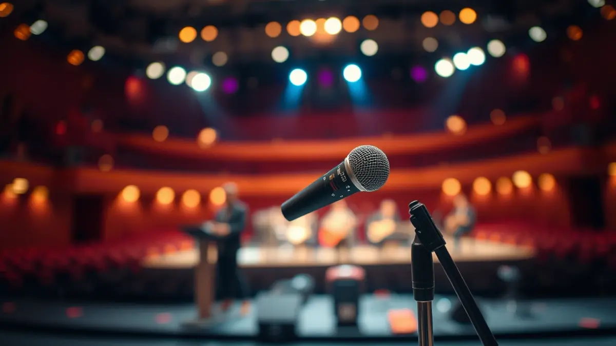 Imagen genérica de un micrófono en un escenario de concierto.