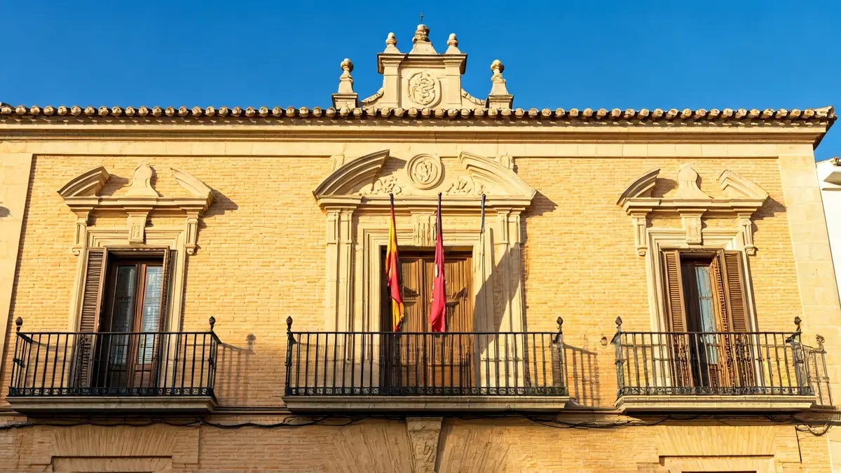 Fachada de un ayuntamiento andaluz con balcón y barandillas de hierro, bajo la luz del sol.