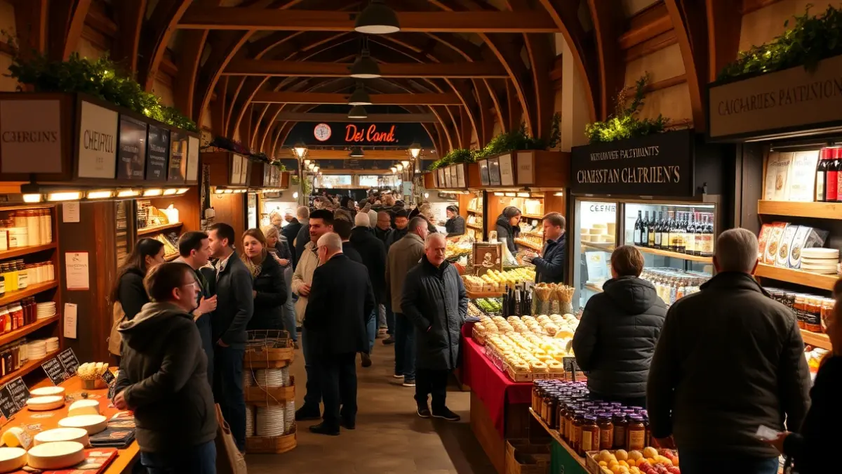 Image of a gourmet food fair with local and international products.