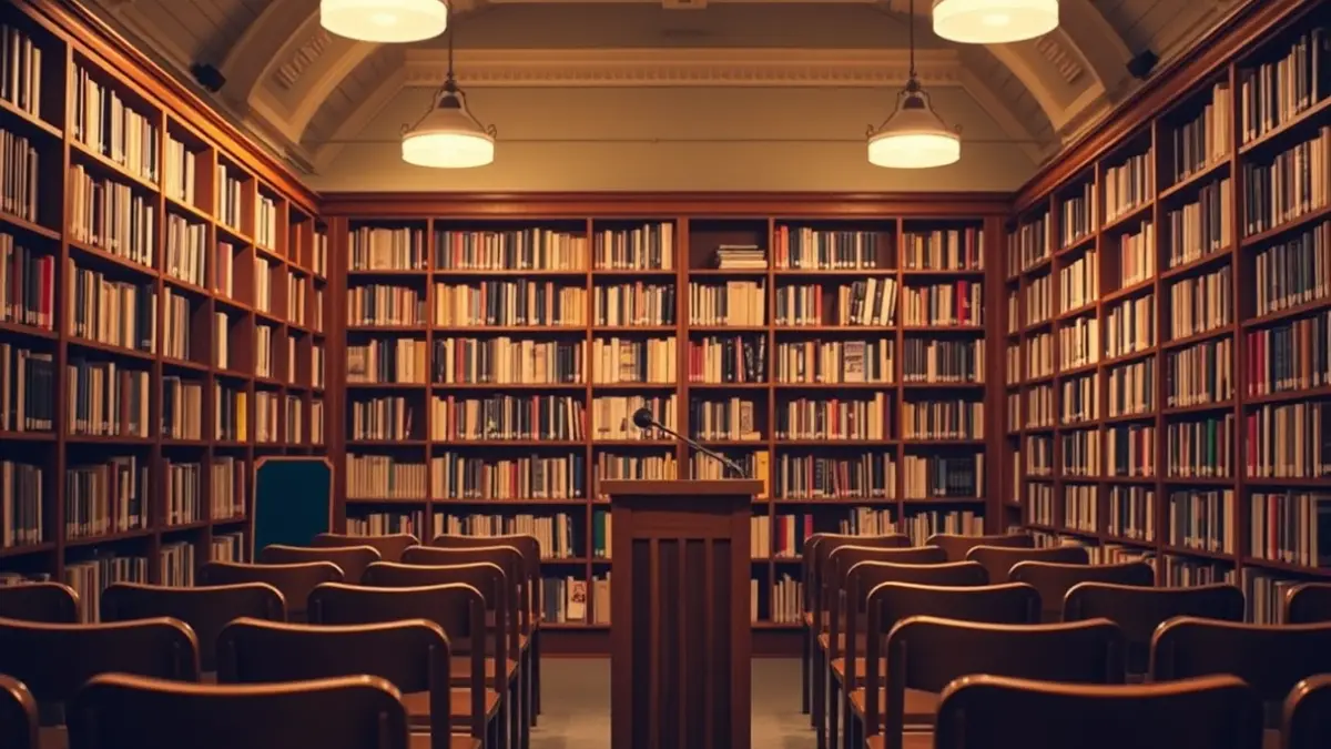 Generic image of a cultural space with books and a microphone, representing a self-publishing festival.