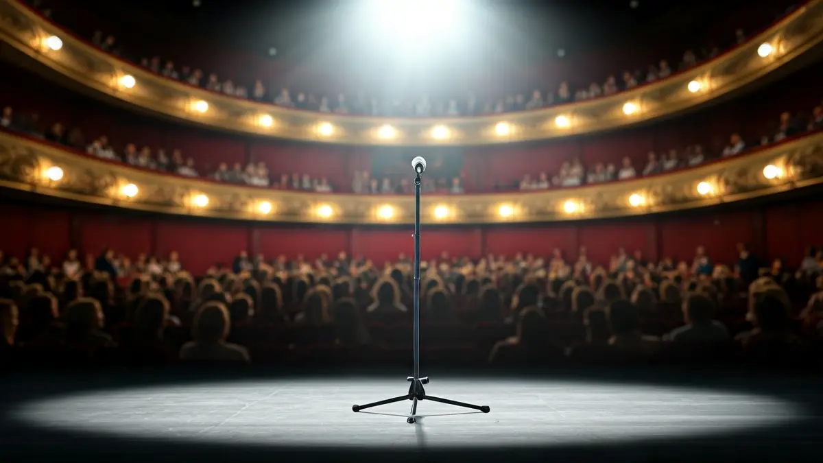 Escenario de teatro moderno con iluminación dinámica y un micrófono, con asientos de audiencia borrosos al fondo.