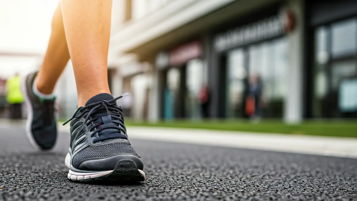 Generic image of a running shoe on an athletic track, with a shopping center in the background.