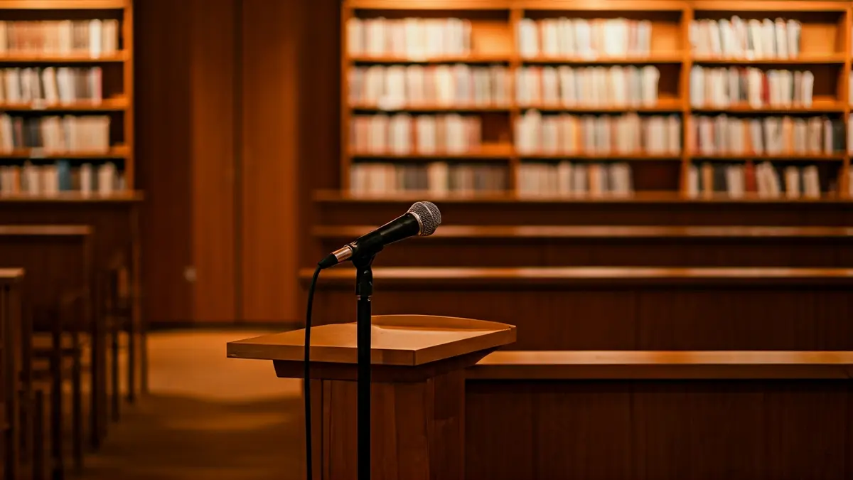 Generic image of a podium with a microphone in a conference room or library, symbolizing a congress or presentation.