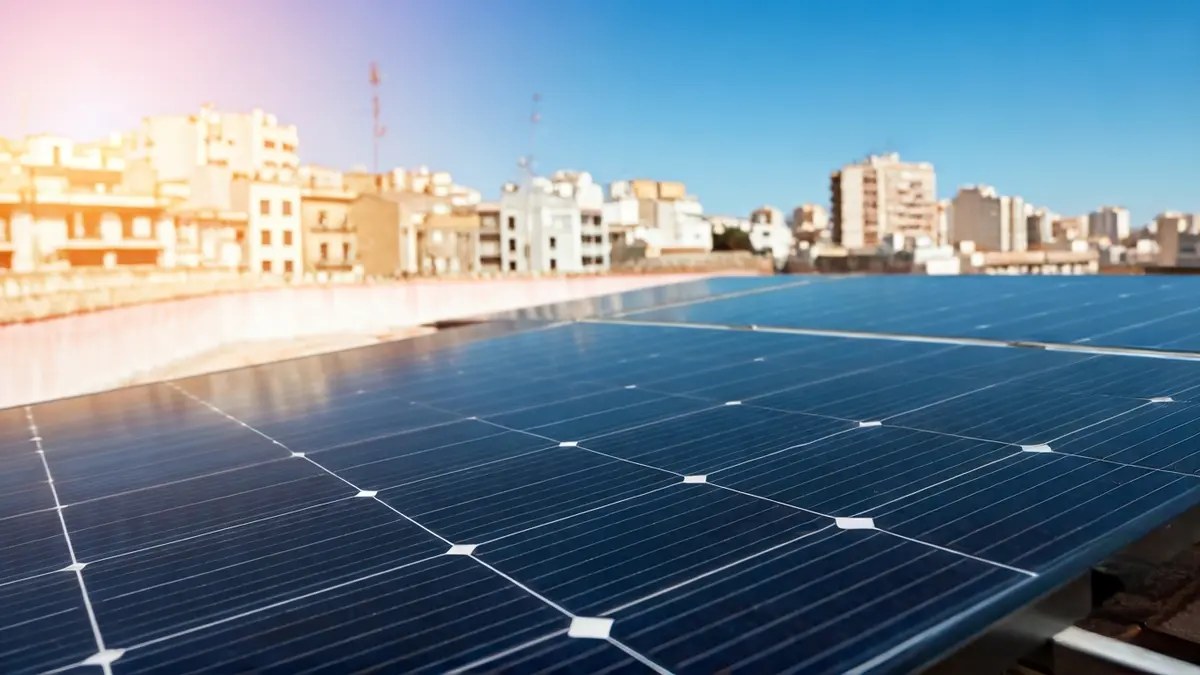 Generic image of solar panels on an urban rooftop, representing energy efficiency.