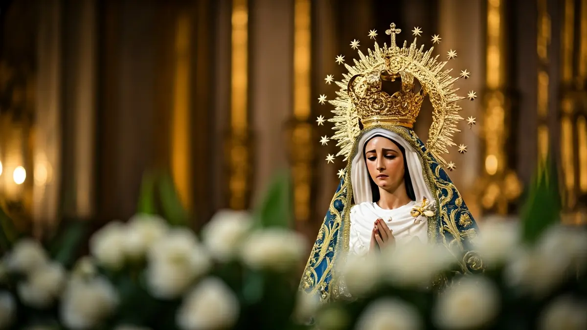 Imagen de la Virgen del Mar coronada en un ambiente de celebración religiosa.