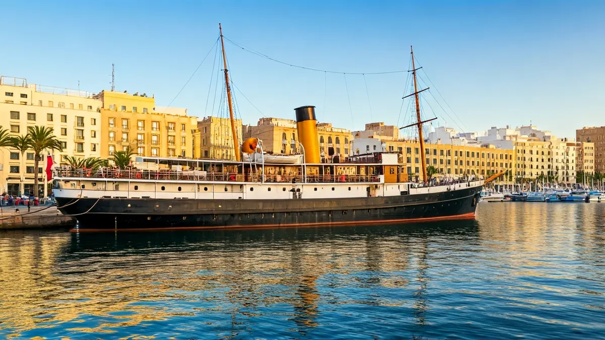 Imagen de un barco de vapor en un puerto antiguo, con edificios históricos al fondo.