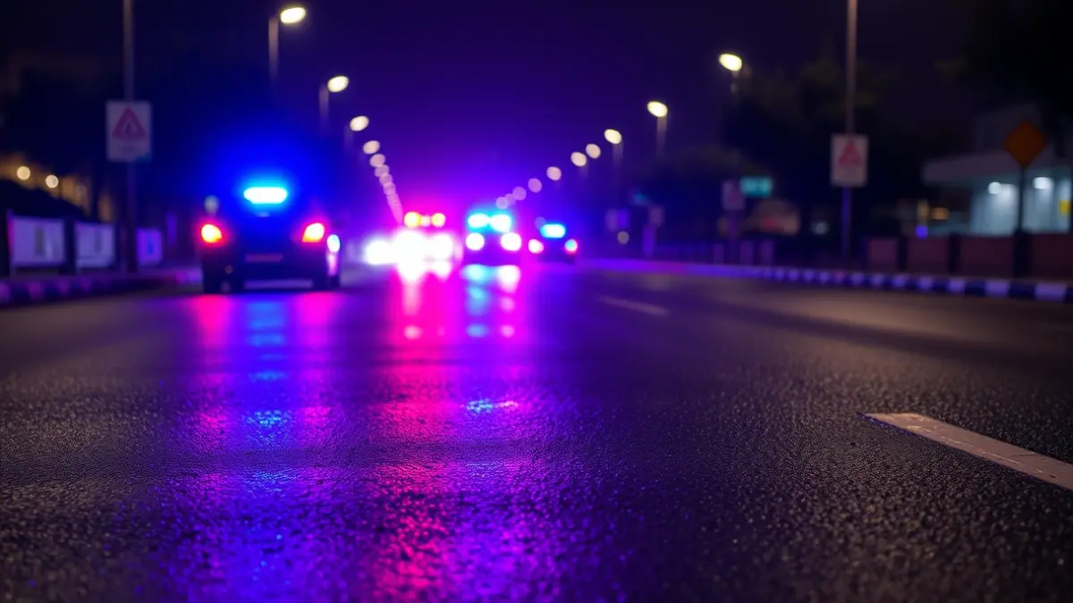 Generic image of emergency lights reflecting on wet asphalt, indicating a weather alert.