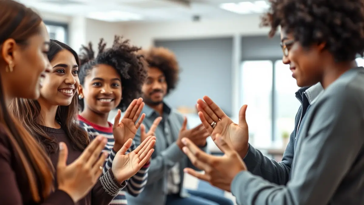 Estudiantes y profesores comunicándose con lenguaje de signos en un aula.