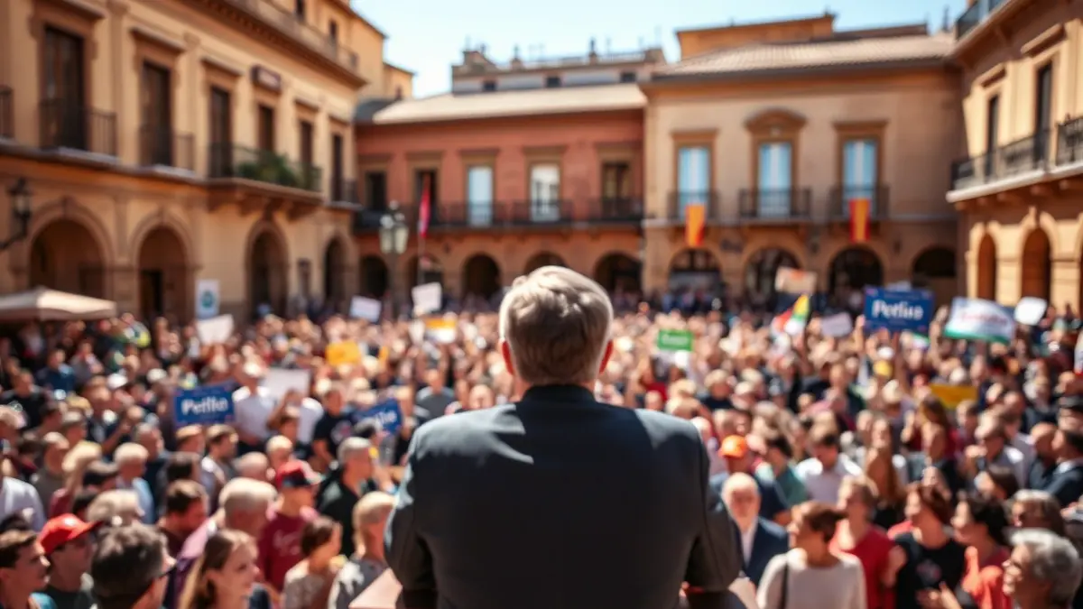 Image of an Andalusian plaza with a blurred crowd and a podium, symbolizing a political event.