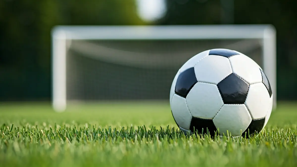 Imagen genérica de un balón de fútbol sobre césped, con una portería desenfocada al fondo.