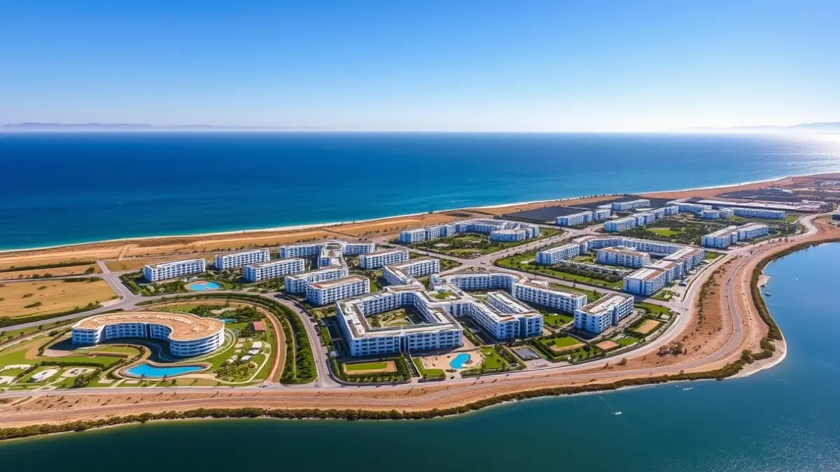 Vista aérea de un proyecto de desarrollo urbano costero en Almería, con edificios residenciales, hoteles y zonas de ocio.