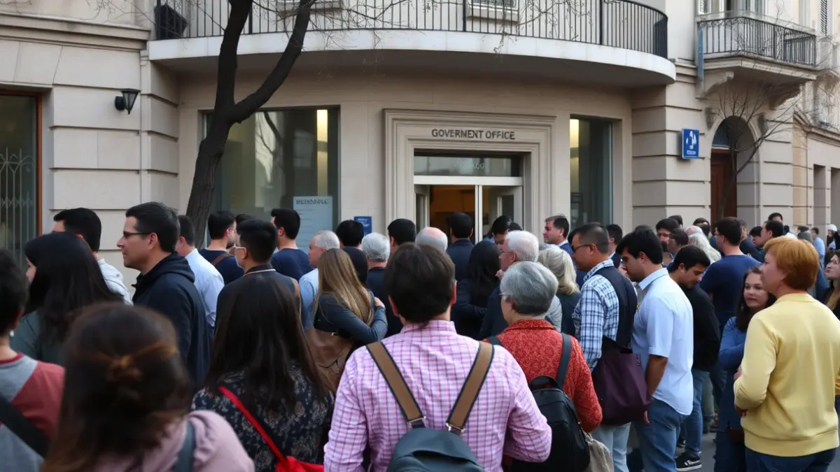 Imagen de personas esperando en fila ordenada frente a una oficina gubernamental en Almería.