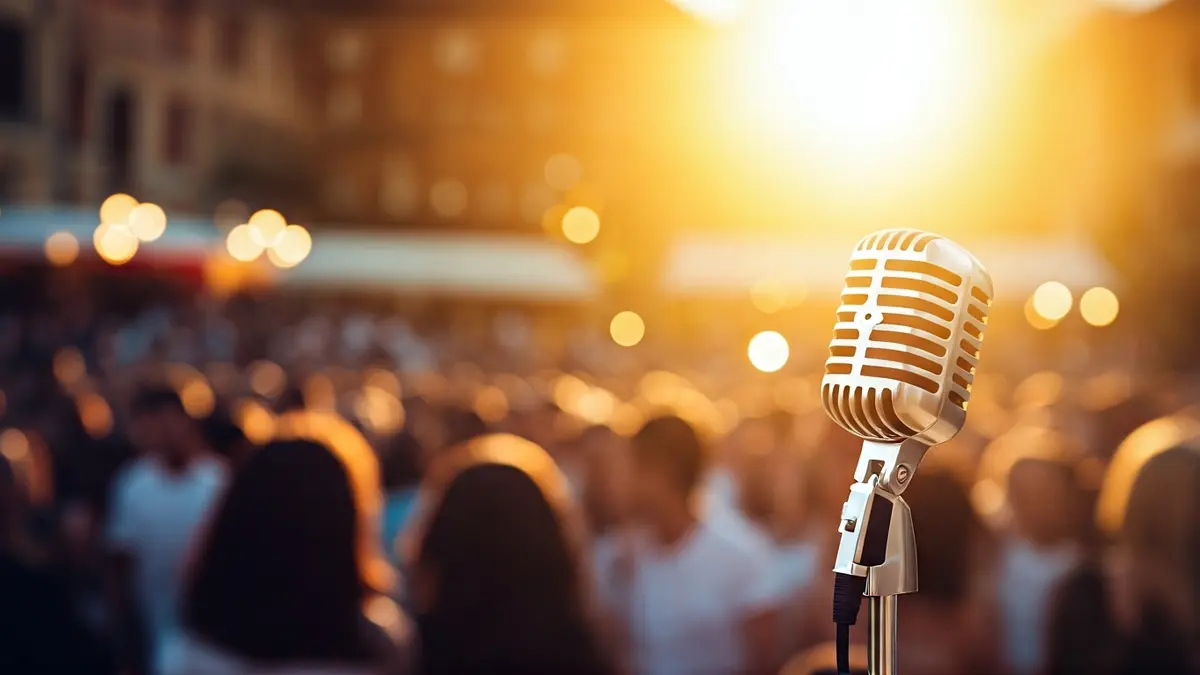 Generic image of a microphone on a stage, with a blurred audience in the background.