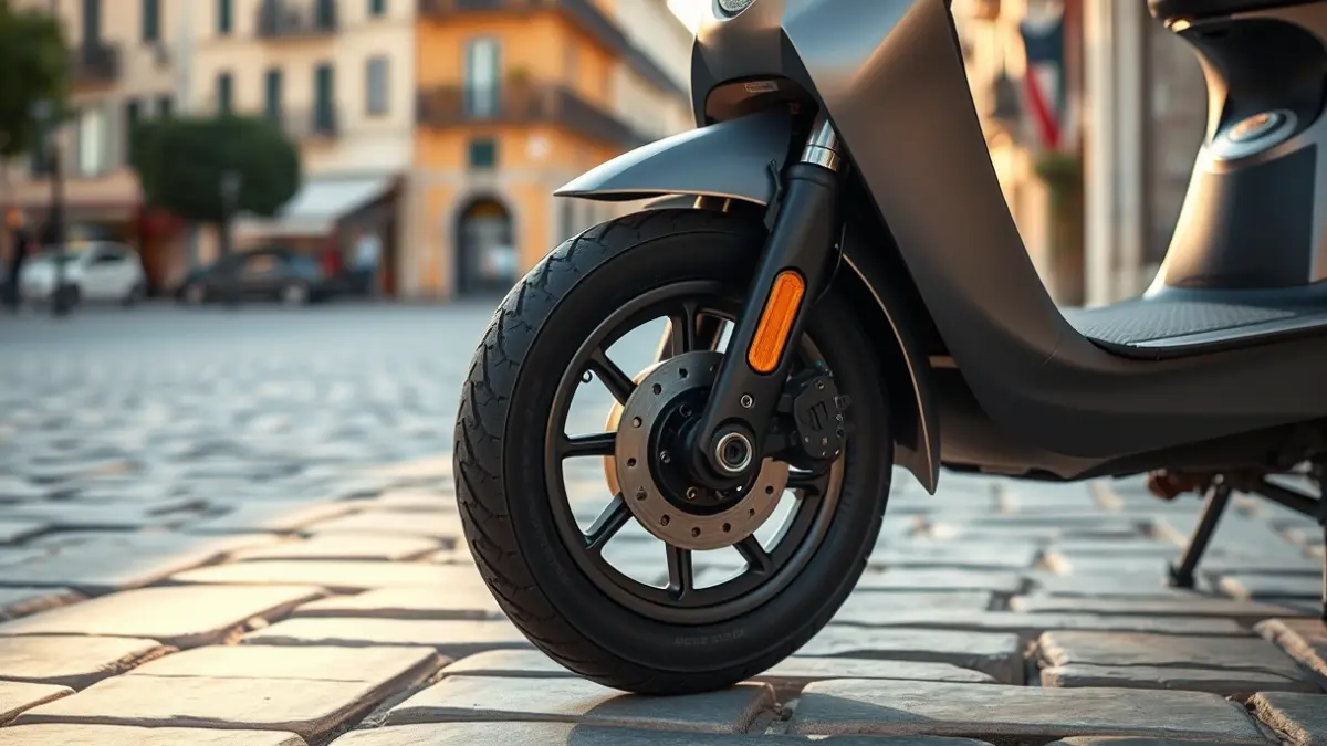 Generic image of an electric scooter wheel parked on a stone sidewalk.