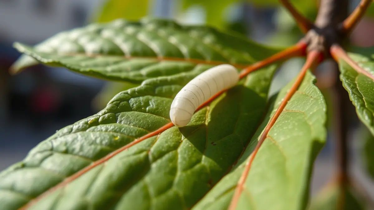 Gusano de seda alimentándose de una hoja de morera, simbolizando la tradición en Almería.
