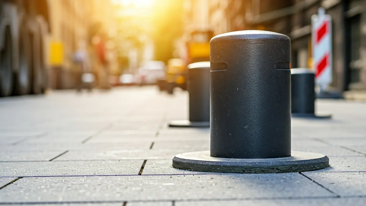 Installation of bollards in an urban area to restrict vehicle access.