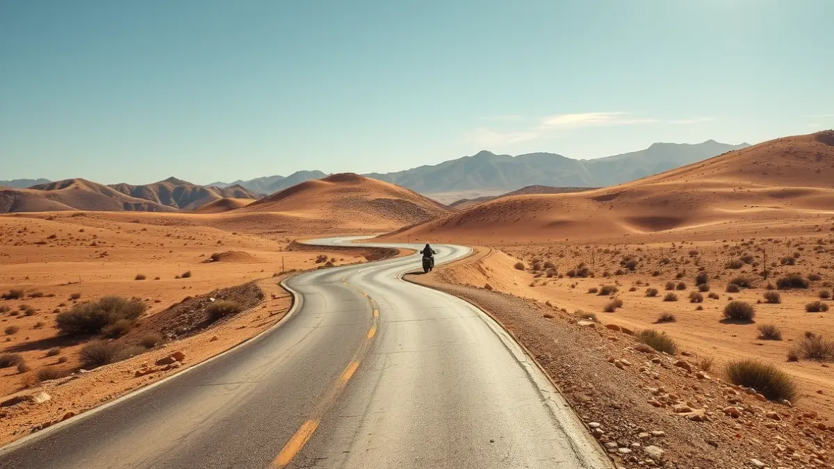 Imagen de una carretera serpenteante a través de un paisaje desértico, con una motocicleta en la distancia, bajo un cielo azul brillante.