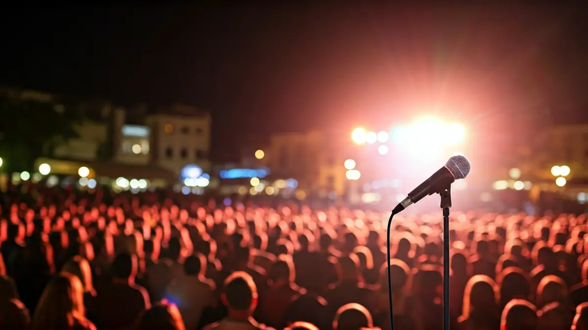 Generic image of a stage with theatrical lighting, a microphone, and a blurred audience.