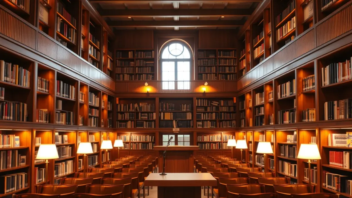 Generic image of an auditorium or theater hall with a microphone on a lectern, warm lighting, and empty seats.