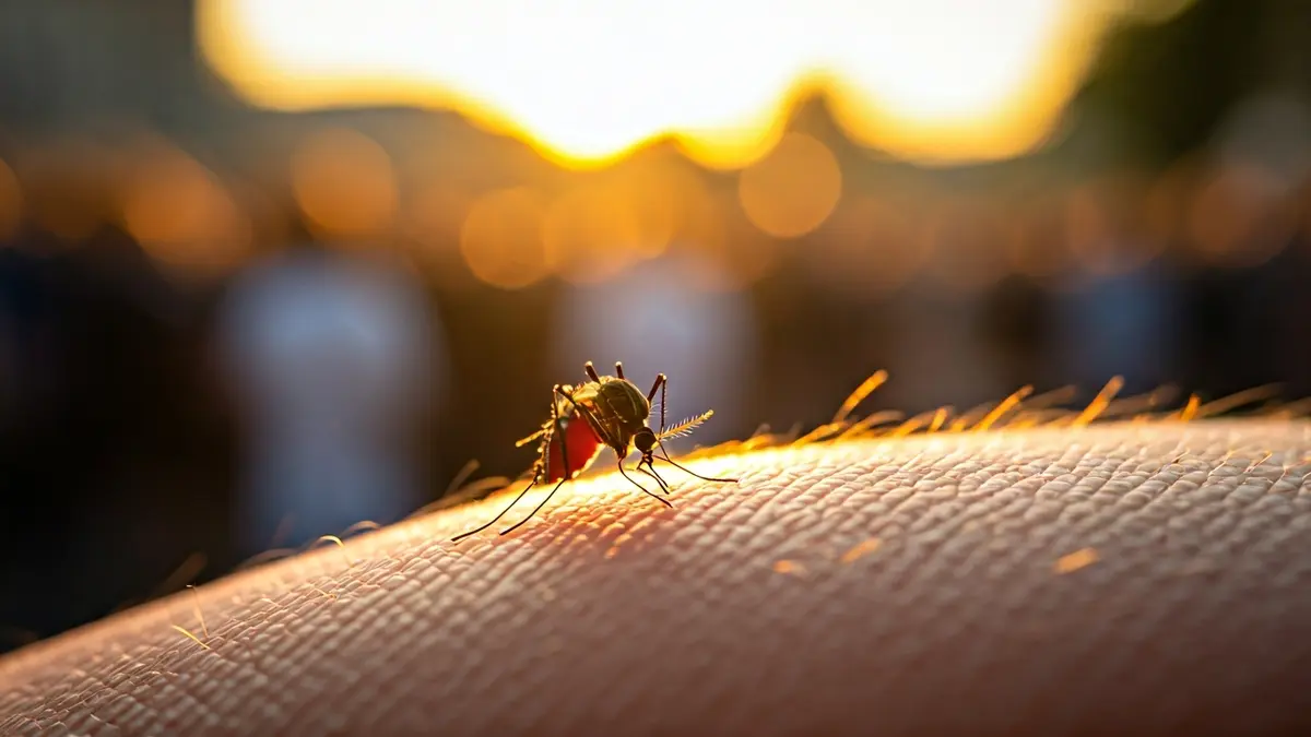 Generic image of a mosquito biting an arm, with a blurred background.