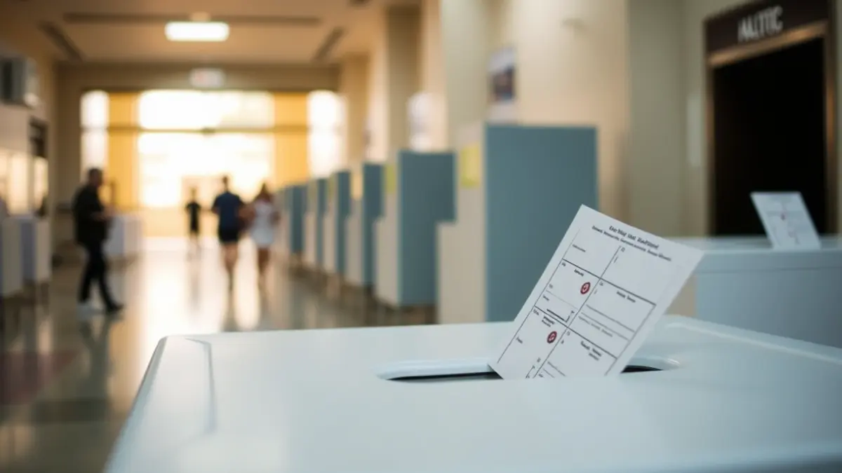 Generic image of a ballot box with voting slips, in a polling station