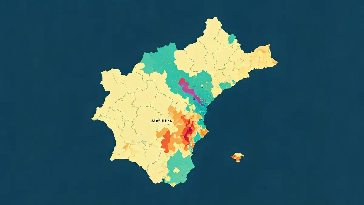 Abstract map of Andalucía with depopulation risk areas highlighted, focused on Almería.