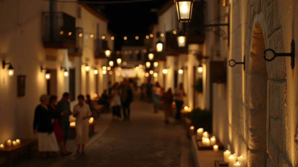 Imagen de una calle de pueblo andaluz iluminada por candiles durante una celebración nocturna.