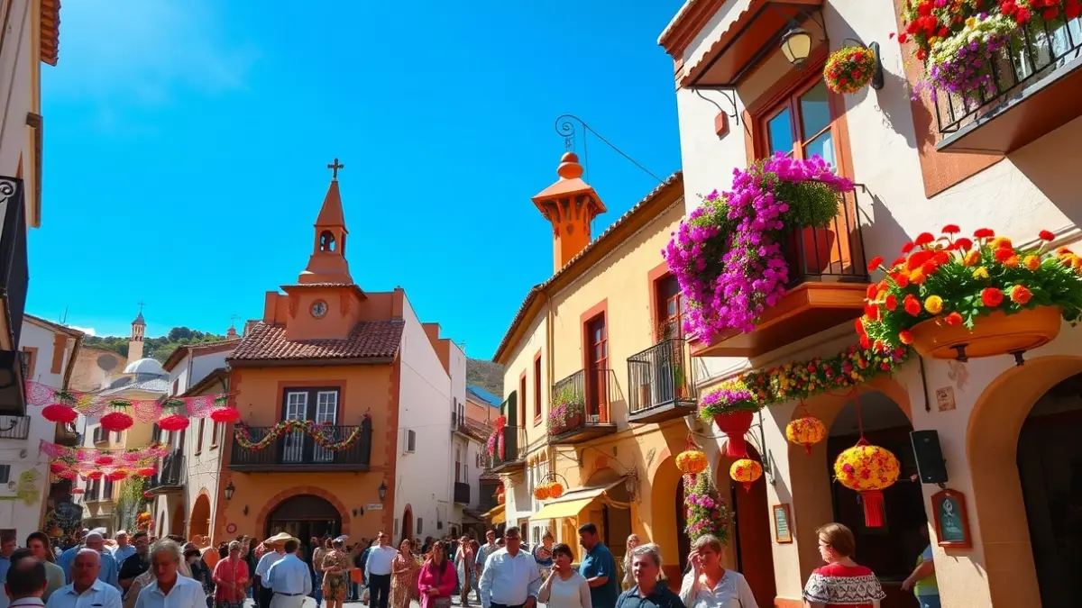 Calles de un pueblo andaluz adornadas con flores y mantones durante una celebración festiva.