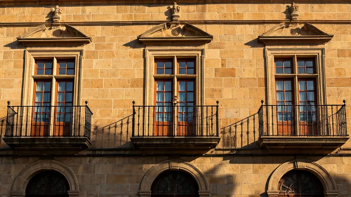 Facade of an Andalusian town hall with a balcony and iron railings, under the afternoon sun.
