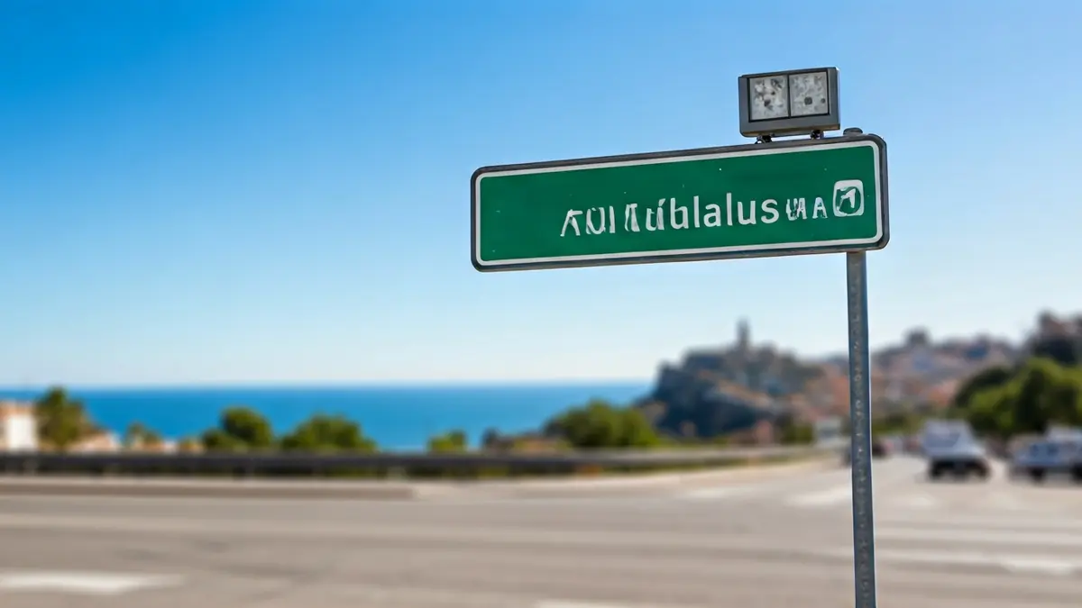 Señal de tráfico indicando la dirección hacia un destino turístico en Andalucía.