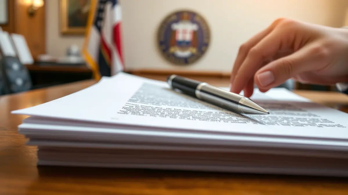 Image of official documents with a municipal seal, a pen, and a hand pointing to a paragraph.