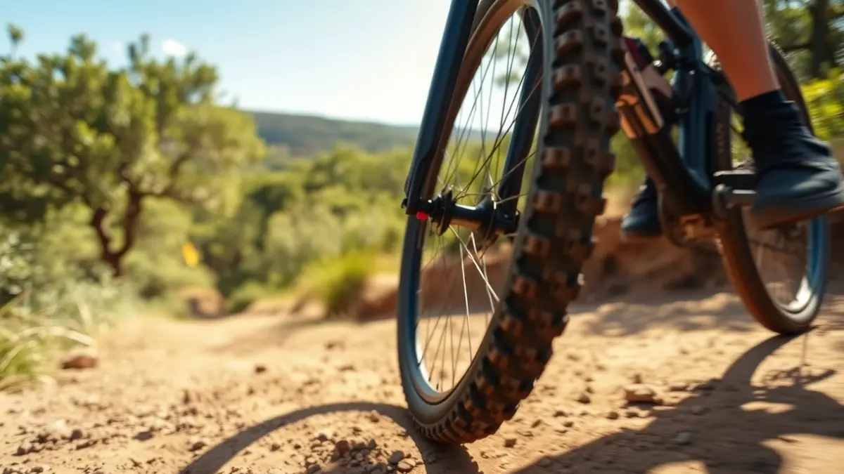 Generic image of a mountain bike wheel on a dirt trail.