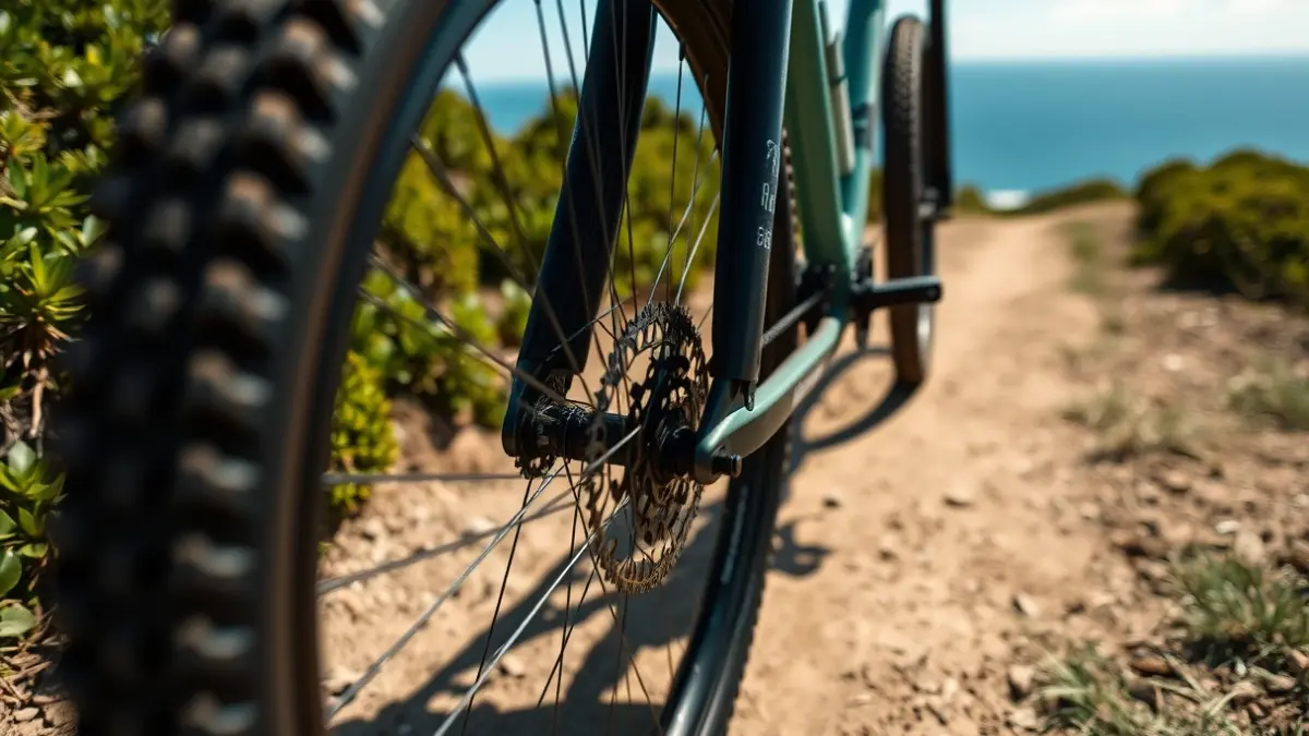 Generic image of a mountain bike wheel on a trail with sea views.