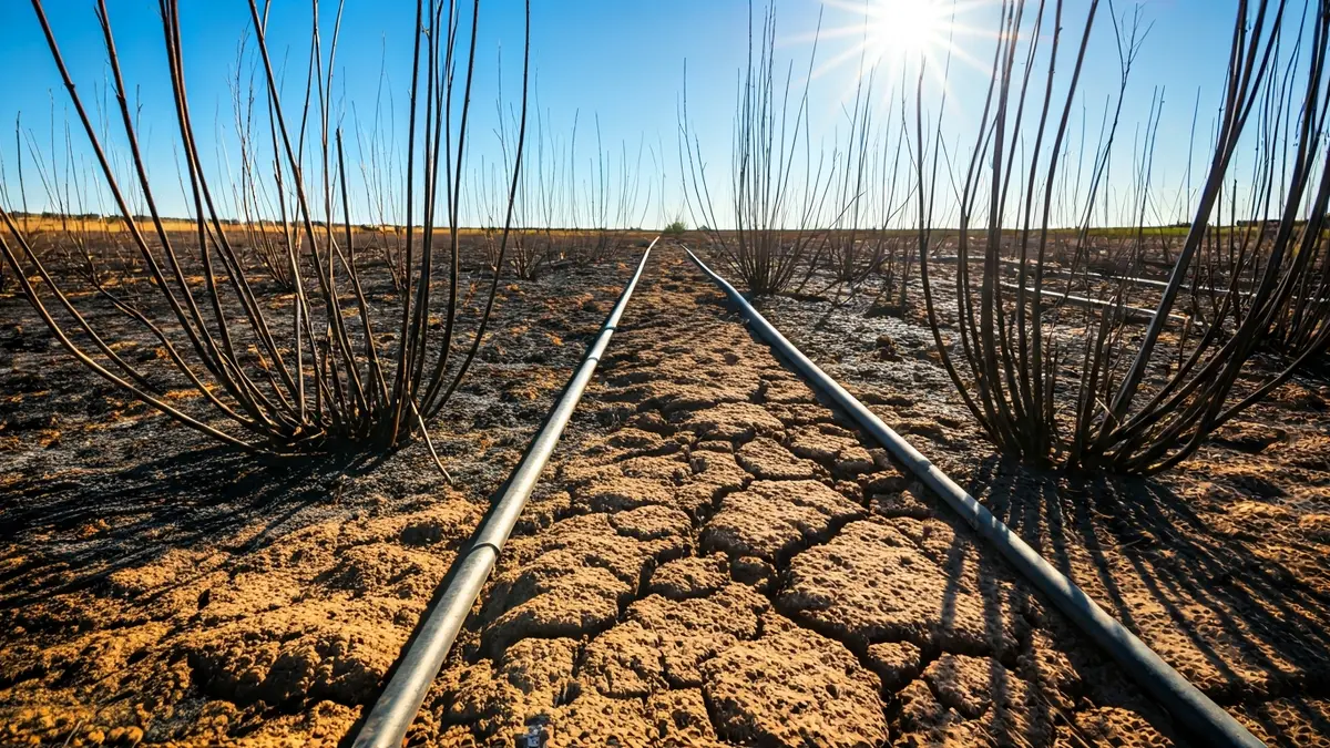 Image of an agricultural field affected by a fire, with damaged irrigation systems.