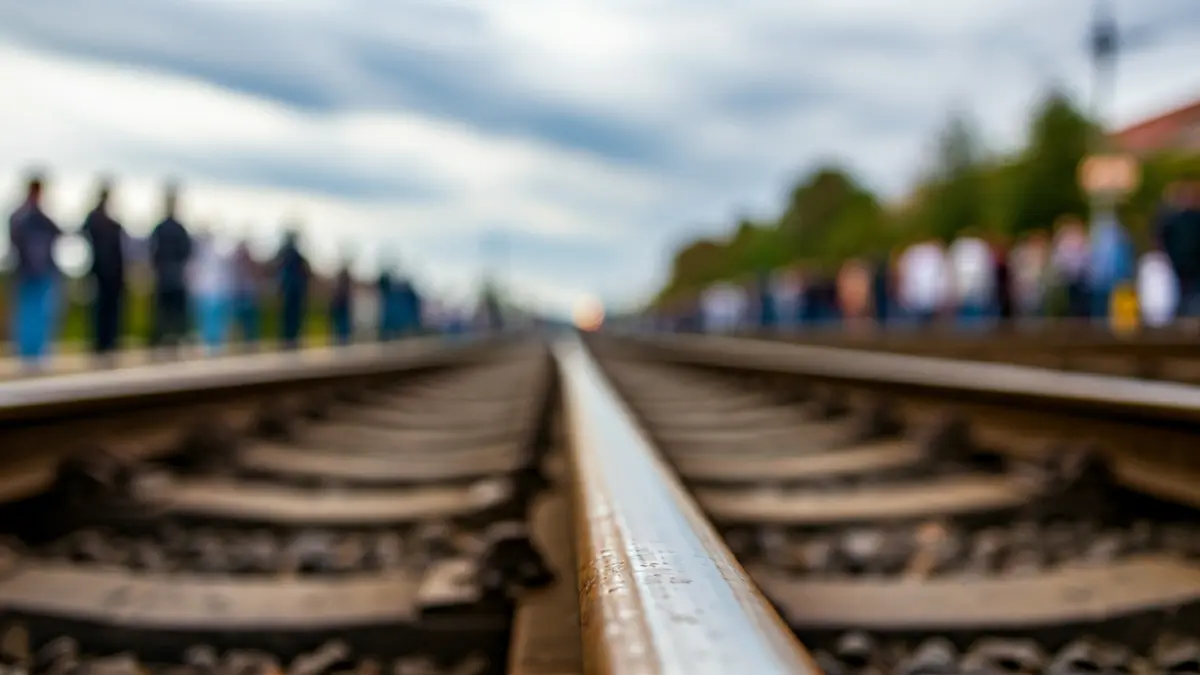 Vía de tren con un tramo ligeramente dañado, bajo un cielo nublado.