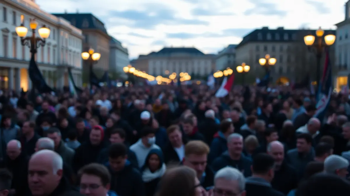 Imagen genérica de una multitud en una plaza urbana al anochecer.