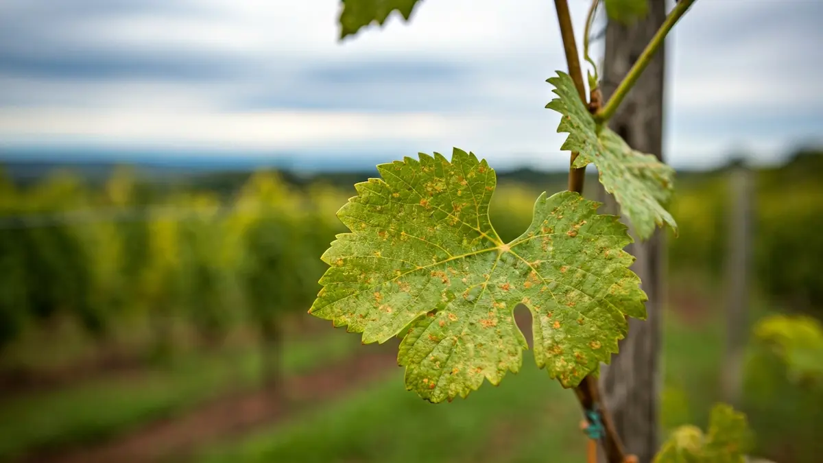 Hoja de vid con manchas amarillentas, indicio de infección por mildiu.