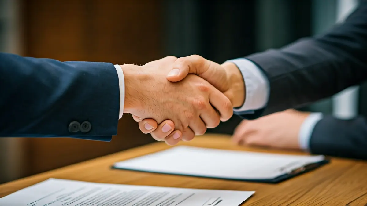 Generic image of a handshake over a desk, symbolizing a business agreement.