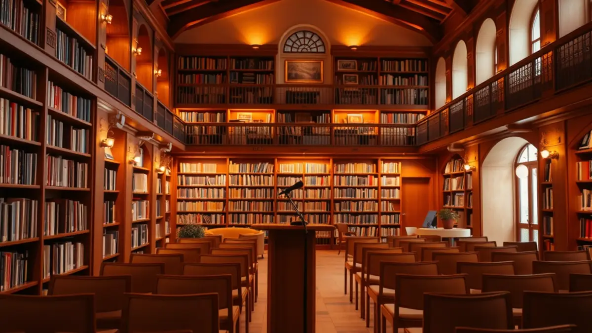 Generic image of a literary awards ceremony setting in a library or auditorium.