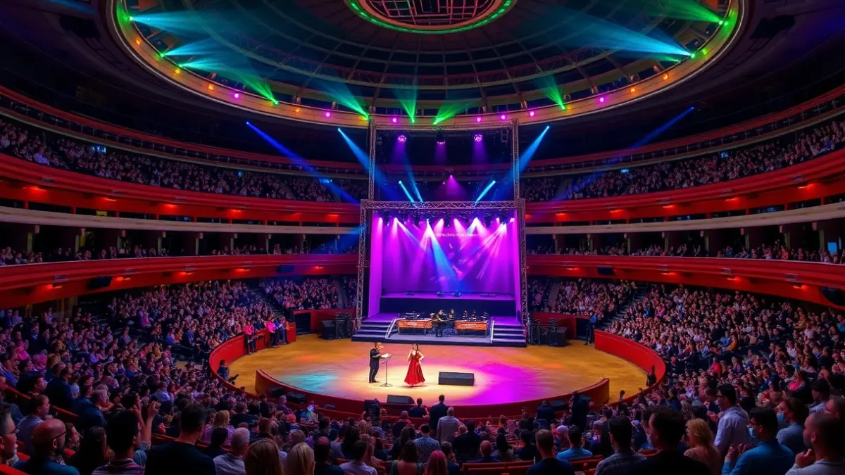 Imagen de un evento cultural en una plaza de toros, con un escenario y público.