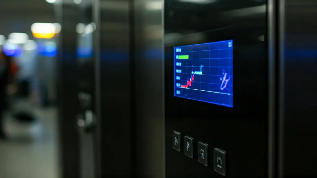 Panel de control de un ascensor con datos de consumo energético en el Aeropuerto de Málaga.