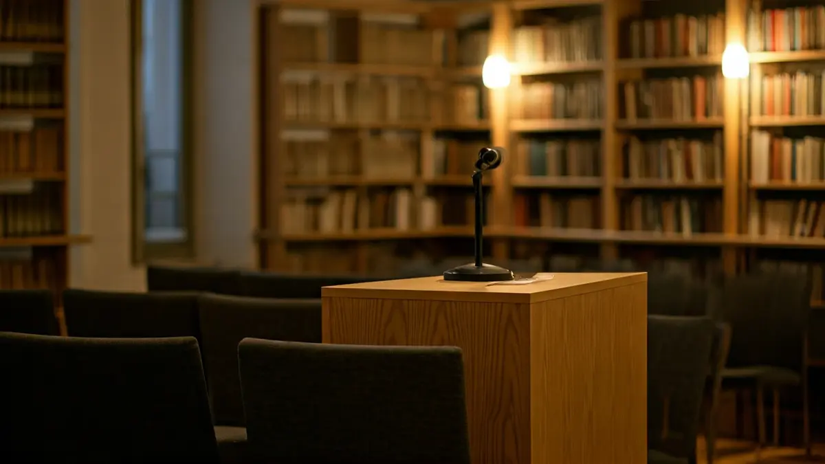Imagen genérica de una sala de lectura o presentación literaria con estanterías y un micrófono.